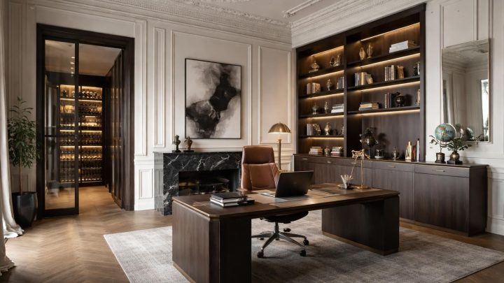 découvrez un appartement masculin avec bureau dédié et cave à vin dans un immeuble haussmannien, alliant élégance classique et confort moderne pour un style de vie raffiné.